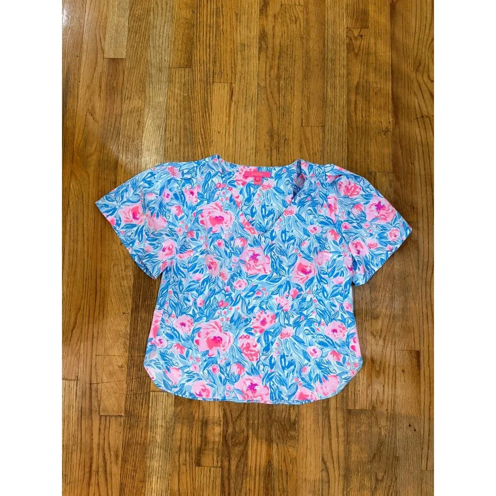 Lilly Pulitzer Ivee Top XS Bondi Blue My Little Peony Cotton Puff Sleeve V-Neck